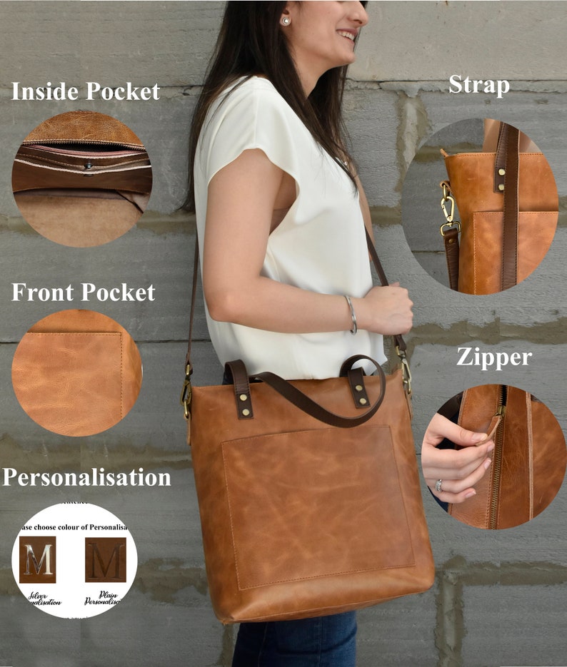 The leather tote bag comes with an external large pocket. The bag is available in 3 colours - tan, black and brown. The tan and black bag comes with a contrasting handles of brown colour. The inside of this handbag has two pockets.