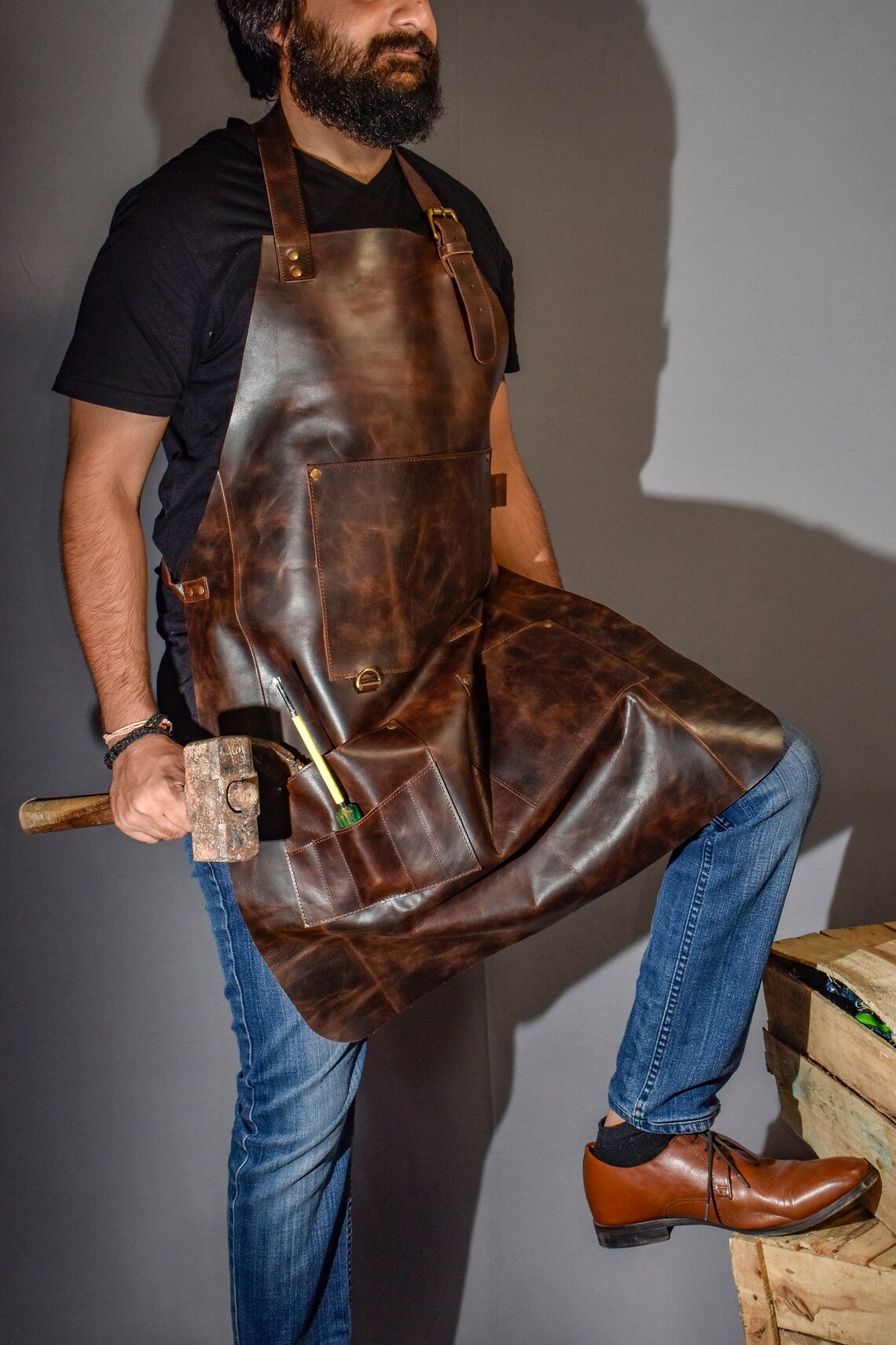 Brown Leather Apron for Men Grilling BBQ Barbecue Apron Etsy