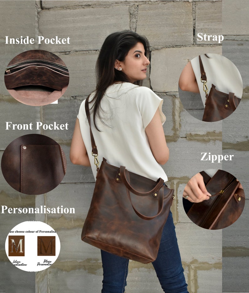 Brown leather tote bag for woman large work purse shopper bag handmade office bag gift for mothers day gift for mom girlfriend personalize image 2