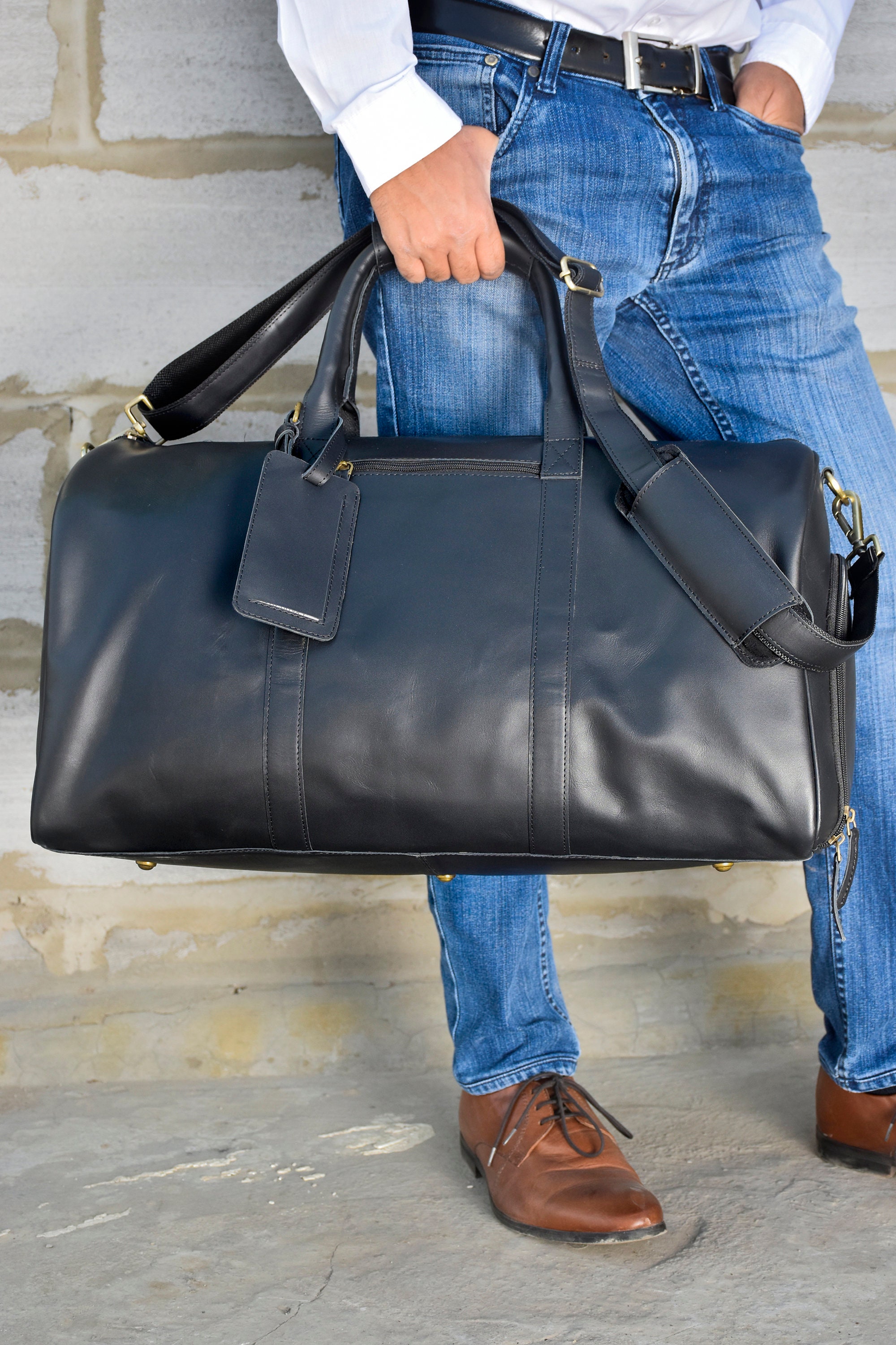 Men’s Leather Duffel Bag – 52L Travel Weekend Ready