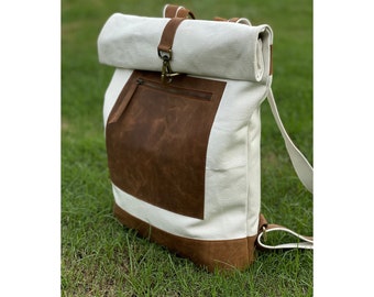Canvas Backpack, mens leather canvas backpack, Heavy Canvas rucksack, womens backpack, handmade travel bag for men gifts for him rolltop bag