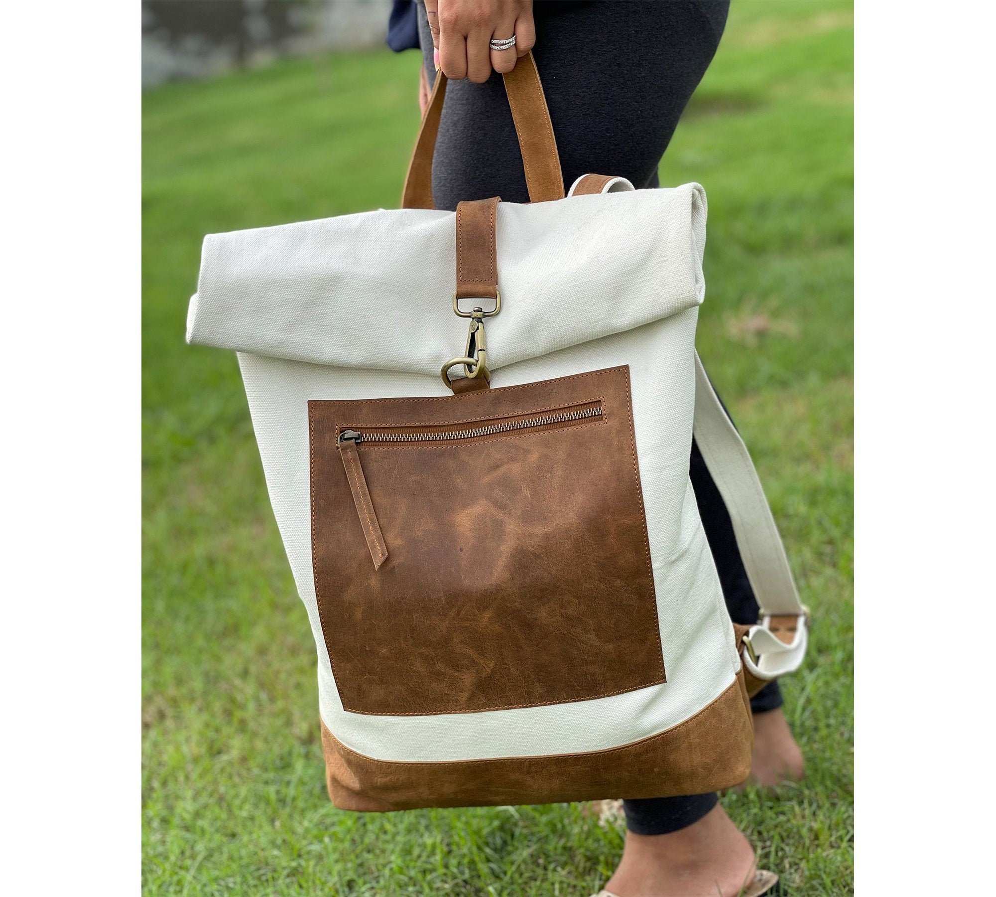 Canvas and leather backpack/ shoulder bag Founder main image 3