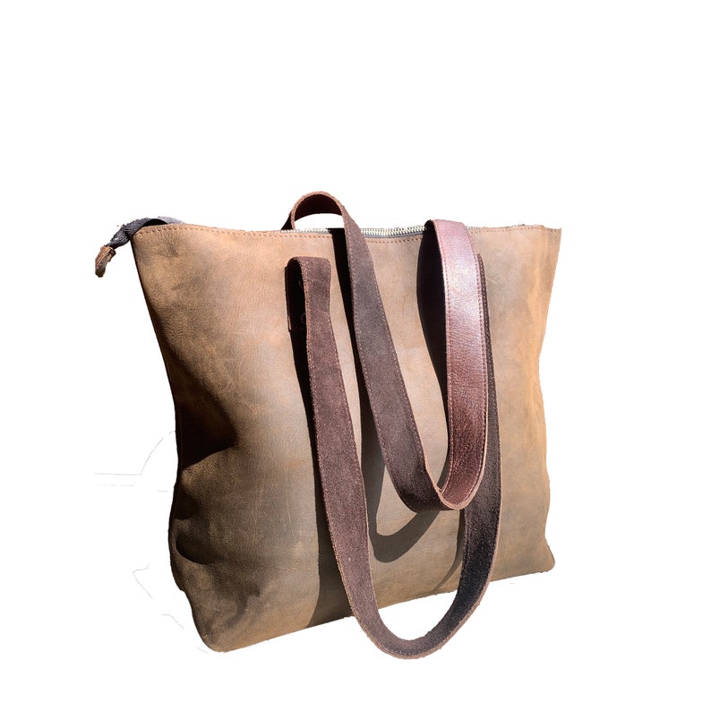 Leather tote bag with lining zipper handmade brown women purse Etsy
