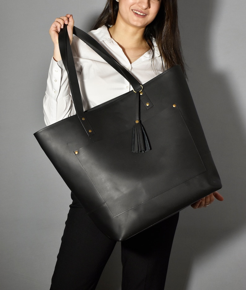 Black Leather Tote Bag for Woman BESTSELLER Handmade Large Etsy