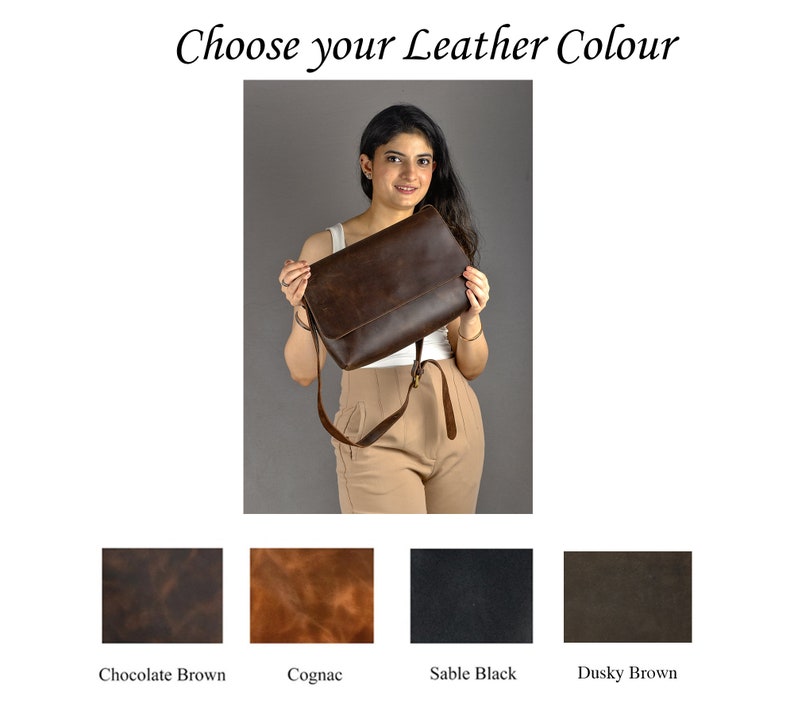 May include: A woman is holding a brown leather satchel bag. The bag has a flap closure and a long strap. The image shows four different leather colors: Chocolate Brown, Cognac, Sable Black, and Dusky Brown.