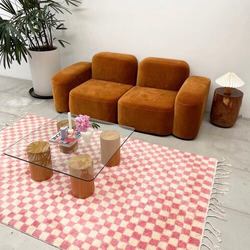 Large Checkered Pink Area Rug Berber Nursery Soft Wool Rug Etsy