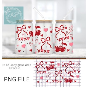 May include: Three clear glass can-shaped tumblers with bamboo lids and glass straws. Each tumbler features a Valentine's Day design with red bows, cherries, hearts, and the text "XOXO". The design is a PNG file and the glass wrap is 9.75x5 inches.