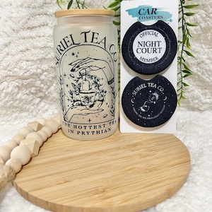 Sureil tea co cup | ice coffee cup | bookshelf cup | Sureil tea co glass sureil  car coasters | night court coasters