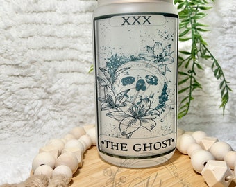 Ghost Tarot Card Glass Cup: Frosted Iced Coffee Can with Bamboo Lid . bookish gift