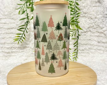 Cute Christmas glass | pastel Christmas tree glass| birthday gift | bamboo lid glass | cute Christmas gift| ice coffee glass| hot chocolate