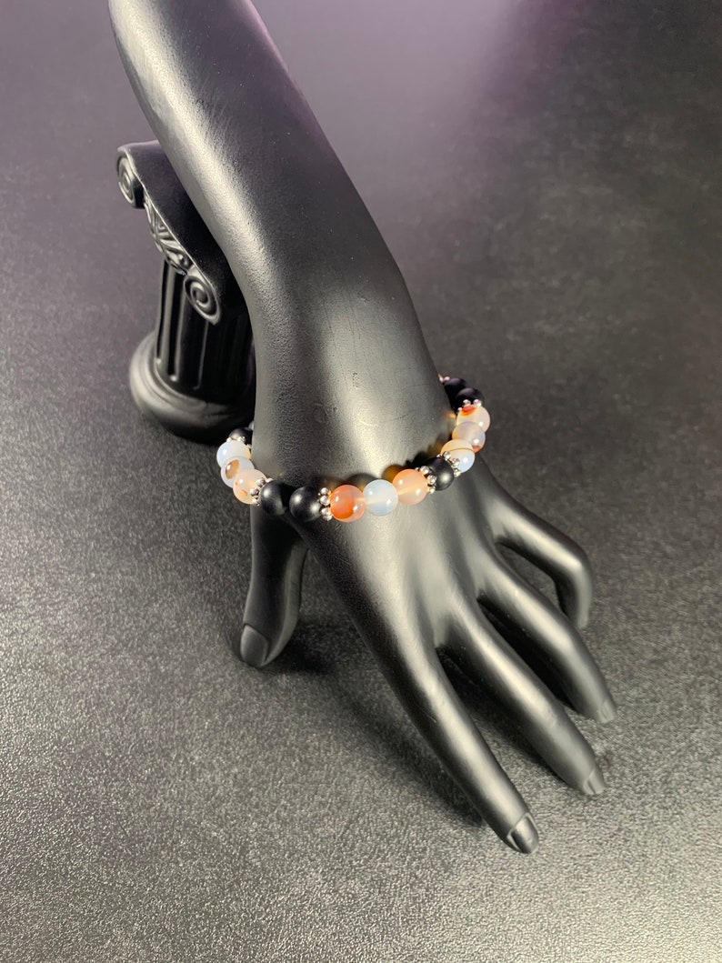 Excellent Gift for Her. Extremely Beautiful and Elegant Black Matte Onyx and Madagascar Dendritic Agate Gemstones Womens Bracelet