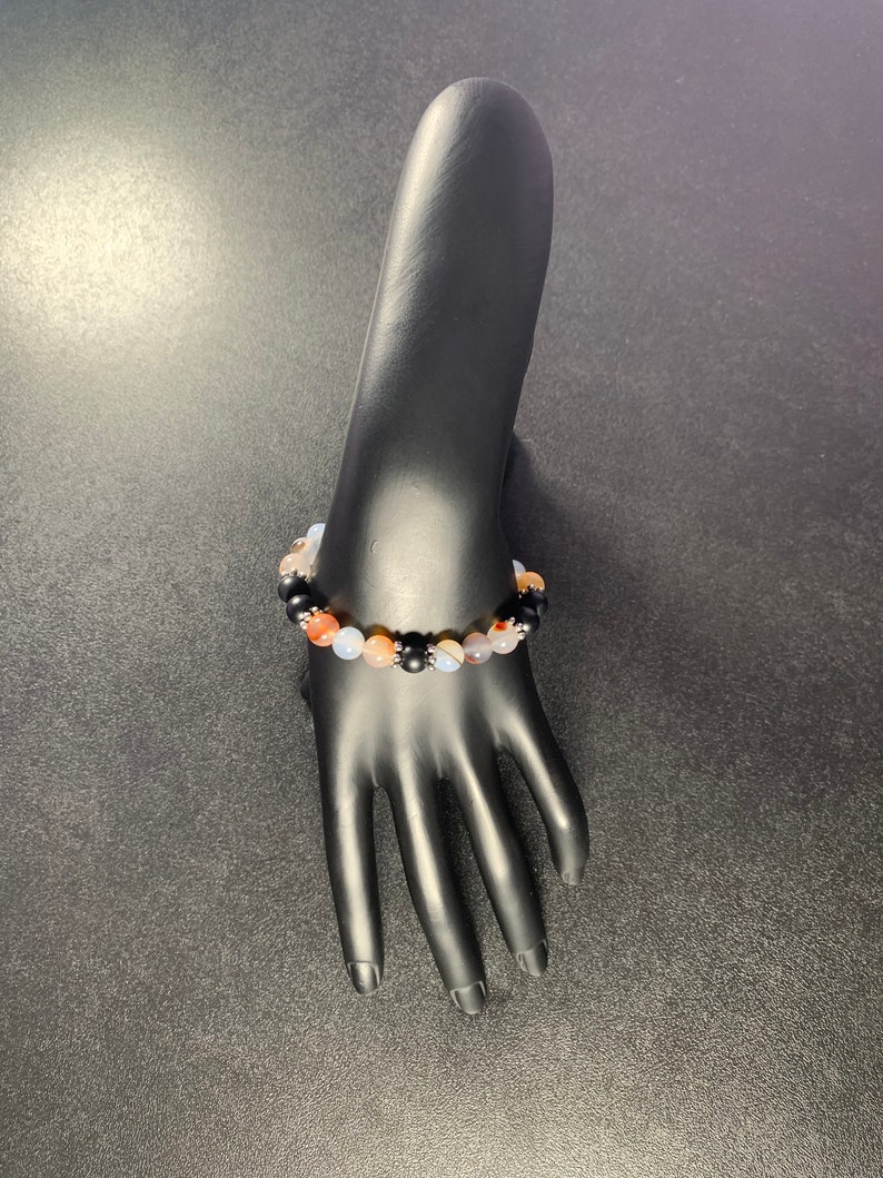Excellent Gift for Her. Extremely Beautiful and Elegant Black Matte Onyx and Madagascar Dendritic Agate Gemstones Womens Bracelet