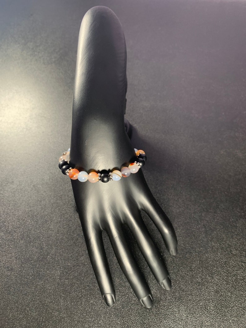 Excellent Gift for Her. Extremely Beautiful and Elegant Black Matte Onyx and Madagascar Dendritic Agate Gemstones Womens Bracelet