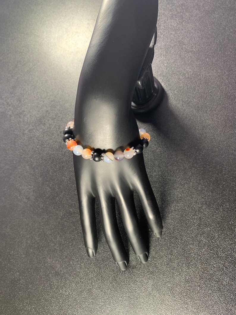 Excellent Gift for Her. Extremely Beautiful and Elegant Black Matte Onyx and Madagascar Dendritic Agate Gemstones Womens Bracelet