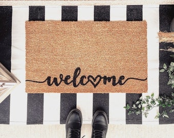 Welcome Door Mat with Heart - Welcome Rug - Front Door Mat - Custom Welcome Mat - Entryway Rug - Porch Decor - Spring Door Mat - Outdoor