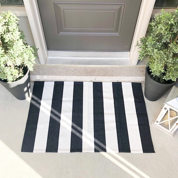 Striped Black White Rug Layered Front Door Under Doormat Outdoor