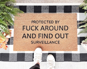 Protected by F*ck around and Find Out Surveillance Doormat | Funny Door Mat | Home Security | Funny Welcome Mat | Custom Doormat
