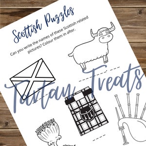 Kids Activities - Colouring in - Guess the Item - Print out for Kids & Adults - Travel Activities for Kids - Scottish Puzzles