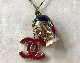 CHANEL Vintage Gold Tone Red and Black Enamel Double Charm Drop Pendant Necklace