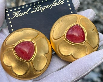 KARL LAGERFELD Vintage 1980's Large Gold Tone Flower Ruby Coloured Cabochon Clip on Earrings