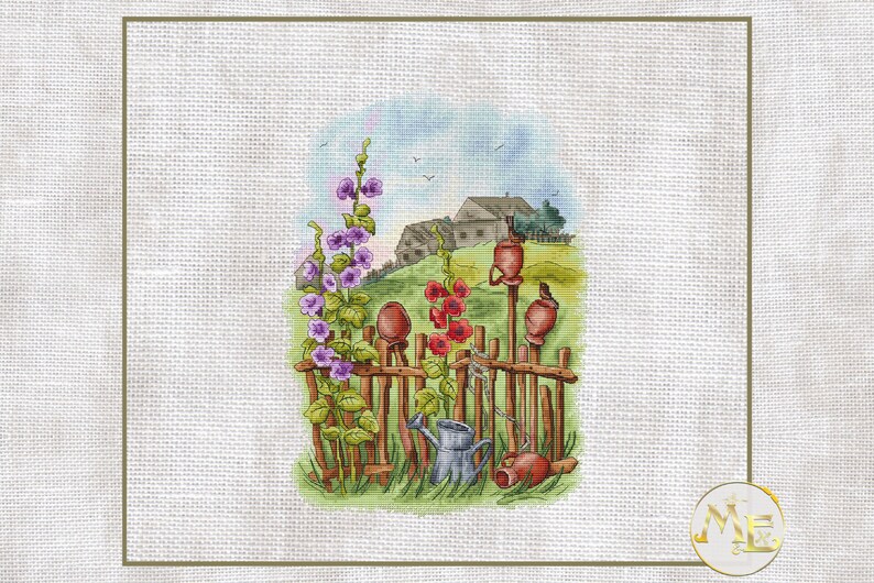painting plants beautiful landscape field Mallows village house nature cross stitch flowers cross stitch