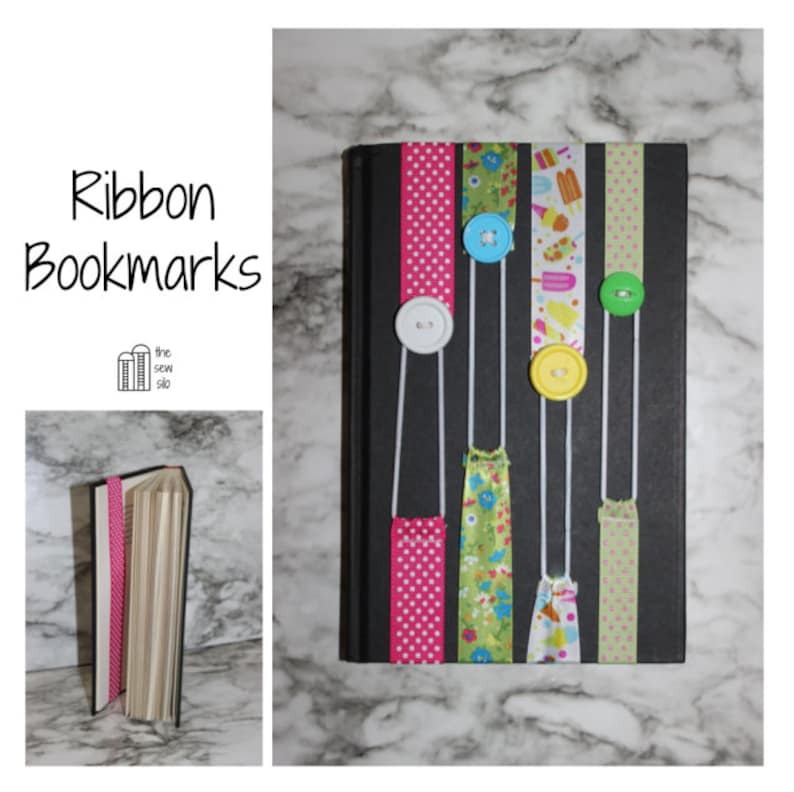 May include: A black book with colorful ribbon bookmarks. The ribbons are adorned with buttons and various patterns, including polka dots and floral designs. The text "Ribbon Bookmarks" is displayed in the upper left corner.