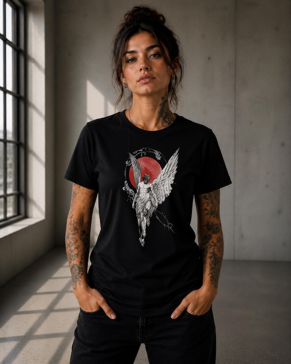 Angel Graphic T-Shirt, Gothic Red Sun, Tattoo Style Streetwear Tee