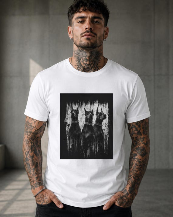 Doberman T-Shirt, Gothic Dog Art, Dark Streetwear Tee, Unisex Cotton Shirt