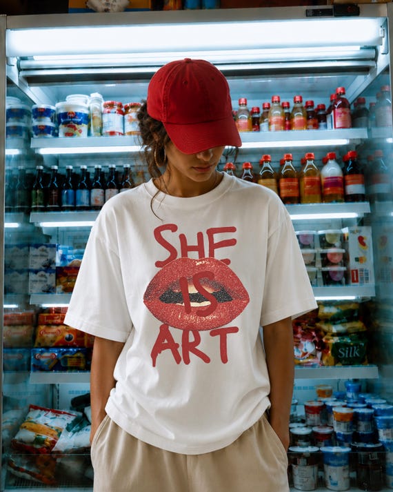 She Is Art Oversized T-Shirt, Red Lips Graphic Tee, 100% Cotton, Faded Streetwear