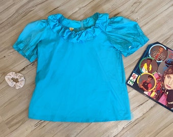 Vintage 60er Jahre blau Rüschen "Partner bitte" Bluse