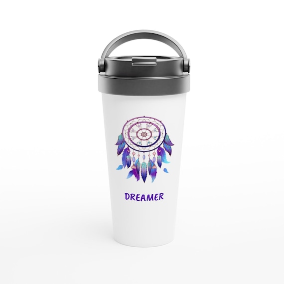 Dreamer Inspiration Stainless Steel Travel Mug: Leak-Proof White Mug 15oz