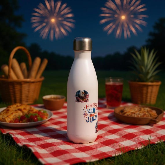 GIFT FOR 4th of July Independence Fireworks Family Gatherings White 17oz Stainless Steel Water Bottle