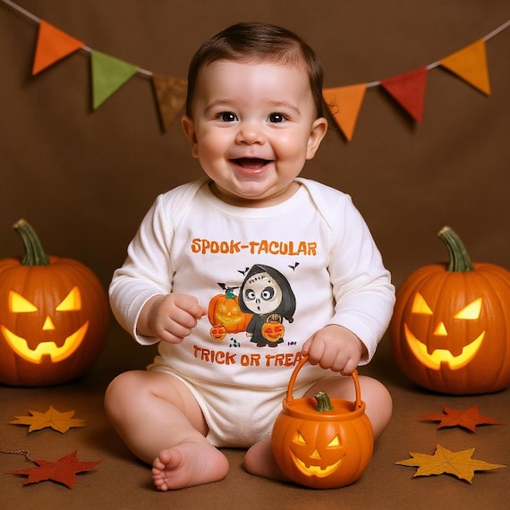 Baby Trick or treat Onesie Spook-Tacular Onesie Classic Baby Long Sleeve Bodysuit White variety of Sizes