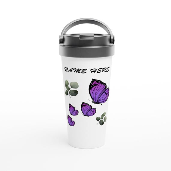Personalized Peaceful Purple Butterflies White 15oz Stainless Steel Travel Mug