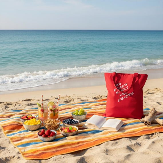 Beach Books & Snacks Classic Tote Bag Double Side Printing Choice of Colors