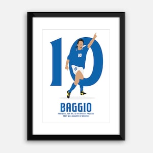 PRINTED: Roberto Baggio, Italy, World Cup, poster, print, wall art, framed in black or white.
