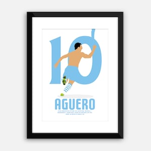 PRINTED: Sergio Aguero, Man City, poster, print, wall art, framed in black or white.