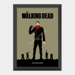 May include: A minimalist poster featuring a silhouette of a man holding a baseball bat, with the text "The Walking Dead" in black and the tagline "We're just getting started" in white. The background is a muted green colour.