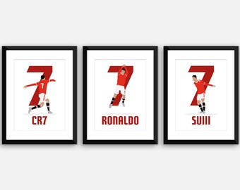 May include: Three framed prints with a red number seven and a silhouette of a soccer player in a red and white uniform. The text "CR7", "RONALDO", and "SUIII" are below the images.