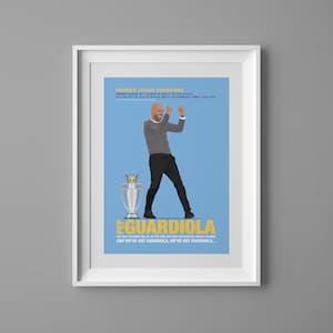 May include: A digital illustration of a man in a grey sweater and black pants holding up a trophy. The background is light blue with the text "PREMIER LEAGUE CHAMPIONS" and "PEP GUARDIOLA" in yellow. The text below reads "SAY THAT YOU WANT ME ALL OF THE TIME, SAY THAT YOU NEED ME, ALWAYS SAY ME MORE... COS WE'VE GOT GUARDIOLA, WE'VE GOT GUARDIOLA..."