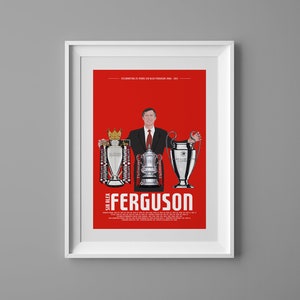 May include: A red and white poster with a picture of Sir Alex Ferguson holding up four trophies. The poster says "Celebrating 25 Years Sir Alex Ferguson 1986 - 2011" and "Sir Alex Ferguson".