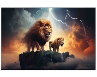 Two Lions Roaring Amidst Lightning, Wildlife Art Print, Home Wall Decor,Office Decoration, Inspirational Art Print Gift , Best Gift