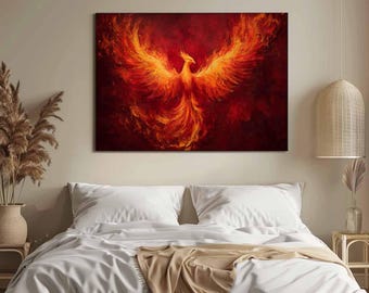 Abstrakter Leinwanddruck Phoenix, Rot Orange Flamme Vogel Kunst, Mythologie Wanddekoration