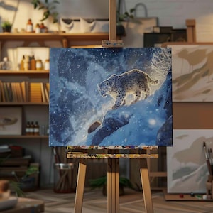 Snow Leopard Painting,Snow Leopard On The Top Of An Icy Mountain Surround Oil Painting Printed On Canvas,Giclée Print,Home Wall Art Decor