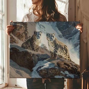 Realistic Snow Leopard Art Prints,Majestic Big Cats in Snowy Mountain Landscape,Wildlife Wall Decor for Animal Lovers and Nature Enthusiasts
