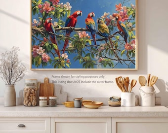 Boho tropische vogel canvas kunst aan de muur, kleurrijk ara botanisch decor voor woonkamer, papegaai schilderij giclee print, vogels op bloesemtak