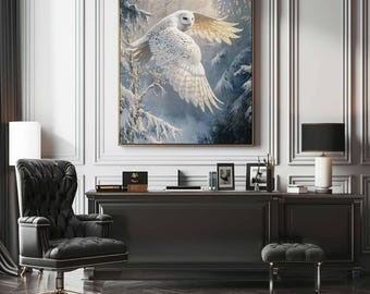 Majestätische Schneeeule Leinwandkunst, Winterwald Giclée-Druck, Ölgemäldeeffekt Wildtiere Dekor