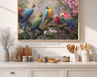 Housewarming cadeau, kleurrijke ara papegaai vogel giclee canvas print van origineel olieverfschilderij, botanische huis muur decor