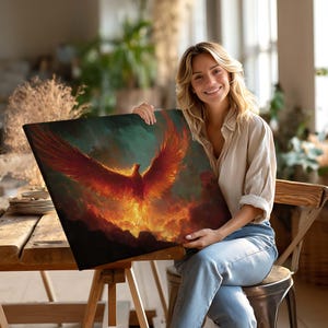 Phoenix Art Prints,Phoenix Oil Painting Printed On Canvas,Fire Bird Wall Art Decor, Mythical Creature Artwork,Fiery Bird Illustration