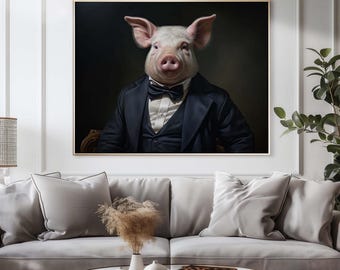 Lienzo de cerdo con esmoquin negro, arte animal divertido, impresión de cerdo caballeroso y elegante, decoración de Dark Academia, arte de pared peculiar para baño, regalo para amantes de los cerdos